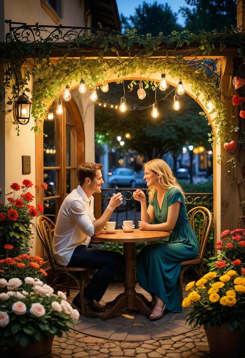 A warm, inviting scene showing diverse couples engaged in meaningful conversation, surrounded by symbols of love like hearts and flowers. Soft, ambient lighting enhances the intimate atmosphere, with elements of connection illustrated through intertwining hands or overlapping circles. The backdrop features a cozy environment, such as a quaint café or intimate garden. super-realistic. vibrant colors. soft focus.