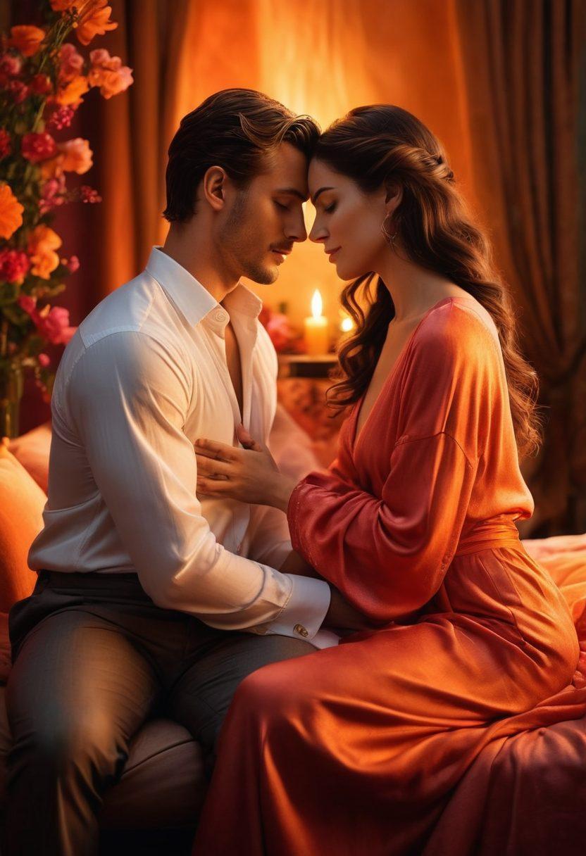 A captivating scene portraying a couple engaging in open communication, with vibrant colors symbolizing passion and trust. Include elements of intimacy like soft lighting, intertwined hands, and serene facial expressions to suggest emotional depth. Surround the couple with symbols of wellness such as candles, flowers, and soft fabrics to enhance an atmosphere of erotic wellness. super-realistic. warm colors. intimate setting.